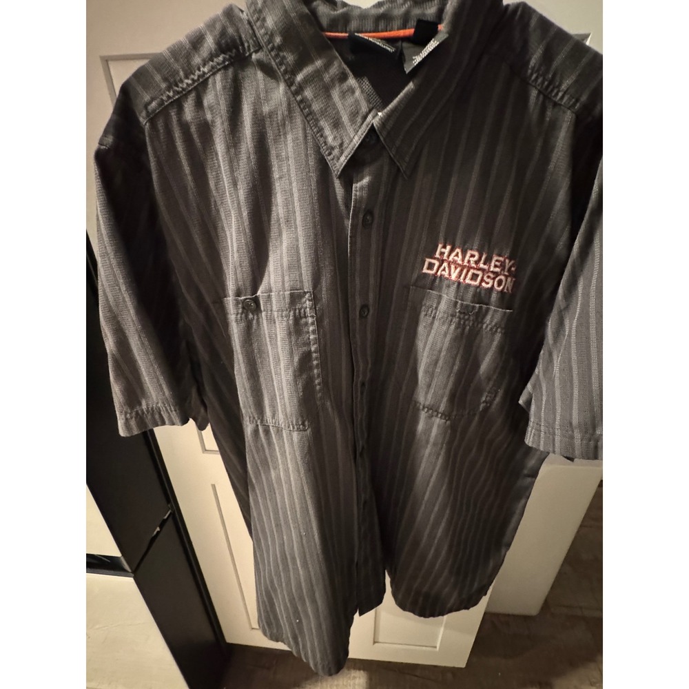 Harley Davidson Mens 2XL Pinstripe Button Up Short Sleeve‎ Grey Precision Tuned
